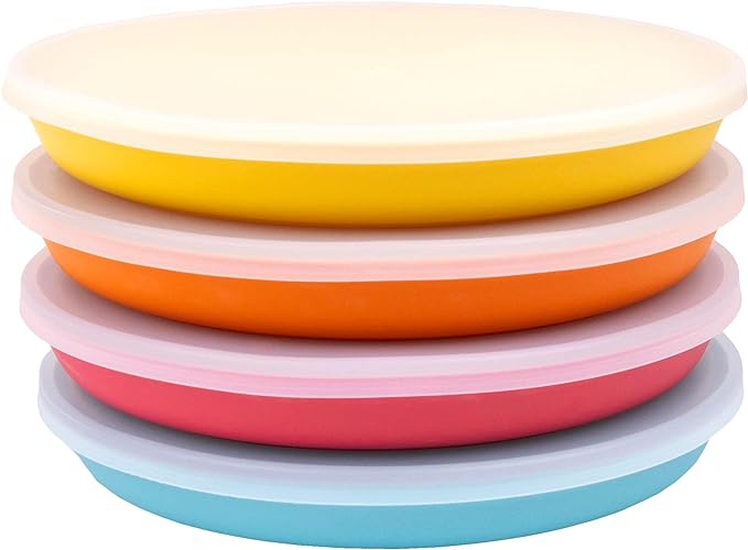 WeeSprout Bamboo Plates with Silicone Lids, Set of 4, Kid-Sized Dinnerware, Cereal, Leftovers & Snacks, Dishwasher Safe Melamine Dishware (Blue, Yellow, Orange, and Red)