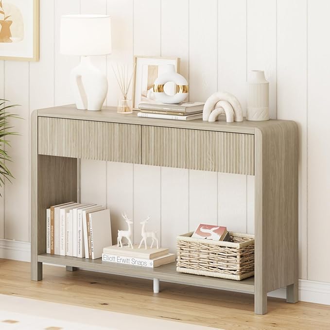 FATORRI Console Table for Entryway Storage, Wood Sofa Tables for Living Room, Couch Table with 2 Drawers for Hallway (47.2 inch, Light Walnut)