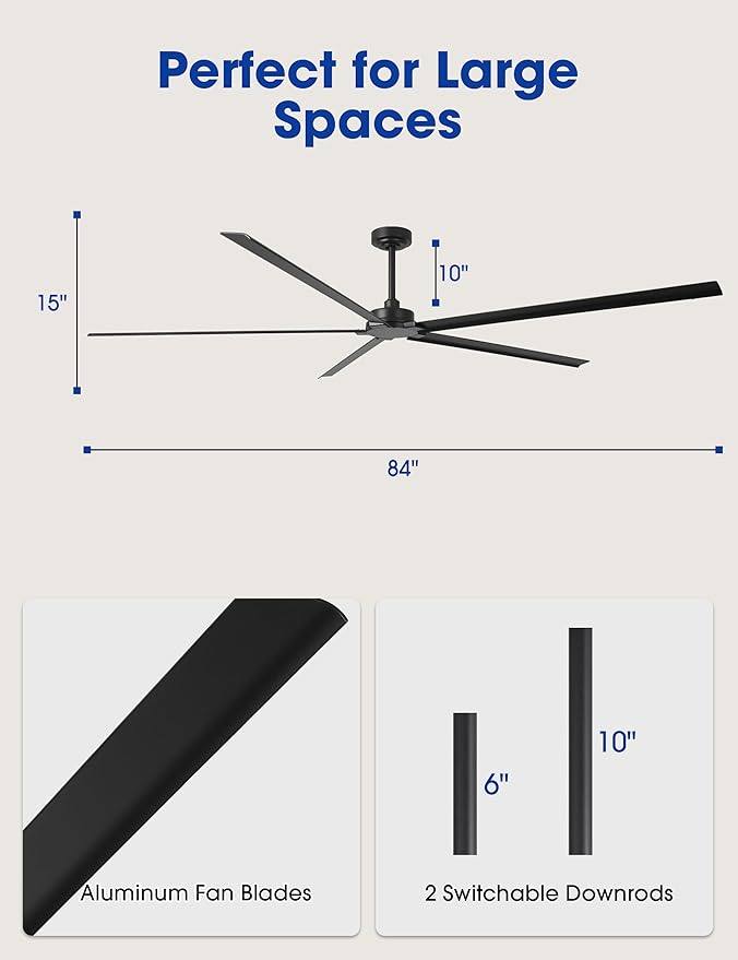 Ceiling Fans Outdoor Waterproof, 84 Inch Black Industrial Ceiling Fans without Lights, Large Ceiling Fan No Light with 5 Aluminum Blade, Reverse DC Motor, Outdoor Fans for Patio Shop Garage LivingRoom