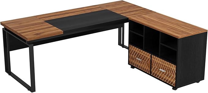 Tribesigns L-Shaped Executive Desk with Reversible File Cabinet, 63" Office Desk with Storage Drawers, L-Shaped Computer Desk with Drawer Cabinet for Hanging Letter Size Files (Walnut & Black)