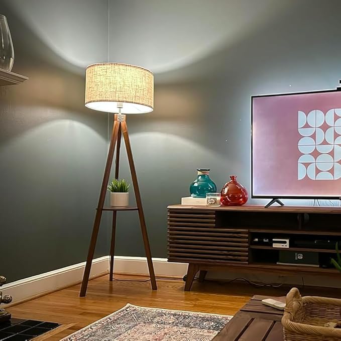 LEPOWER Tripod Floor Lamp, Mid Century Wood Standing Lamp, Modern Design Shelf Floor Lamp for Living Room, Bedroom, Office, Flaxen Linen Shade with E26 Base Brown
