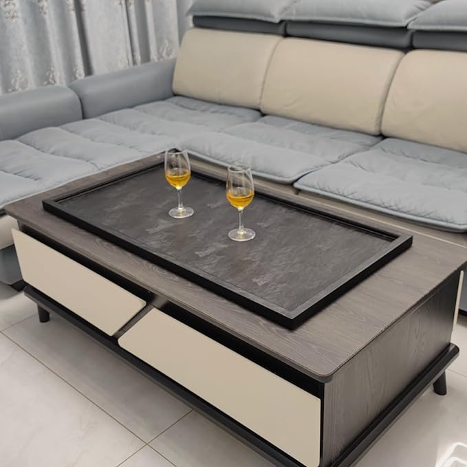 40 * 20 inches High-End Light Luxury Leather Rectangle Oversized Service Tray for Ottoman Tray, Coffee, Food, Family Dinner, Picnic, Party Essentials (Black, 40 * 20 inch)