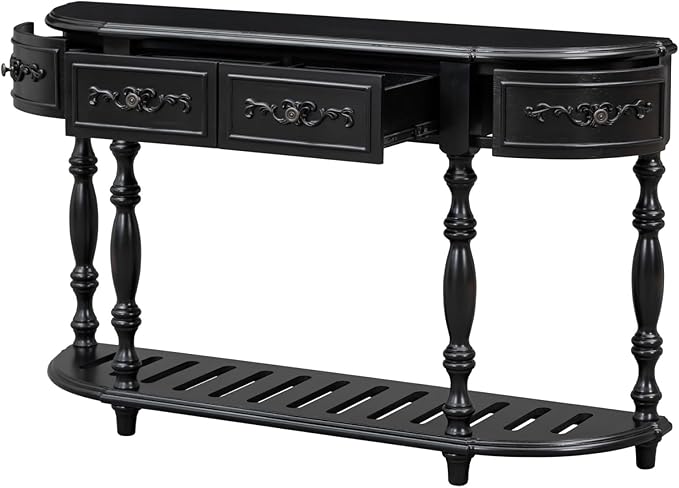 HMFULE Retro Curved Console Table, 52" Solid Wood Half Moon Console Table Sofa Table with 4 Drawers 1 Open Shelf for Living Room,Entryway,Hallway,Black