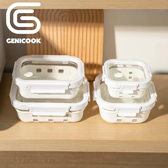 GENICOOK Glass Food Storage Meal Prep Containers - Food Grade Silicone Wrap & Air Release Vent, Rectangular shape - 8 Pc Set (4 Containers - 4 Matching Lids)