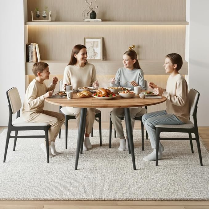 42" Round Dining Table for 4, 54" Oval Dining Table for 6, Extendable Kitchen & Dining Room Table with Metal Legs, Modern Rustic Space-Saving Adjustable Shape Dinner Table, Easy Assembly,White