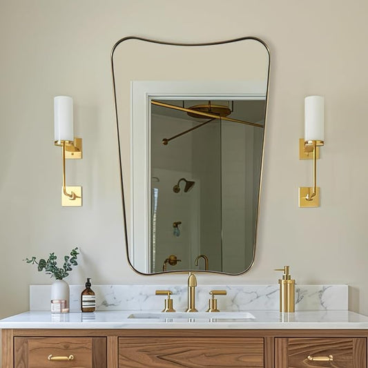 ANDY STAR Gold Mirror, 24x36 Irregular Wall Mirror, Gold Antique Bathroom Vanity Mirror, Brass Mirrors for Wall, Asymmetrical Mirror in Rust-Proof Stainless Steel Metal Frame, Wall Mount Vertically
