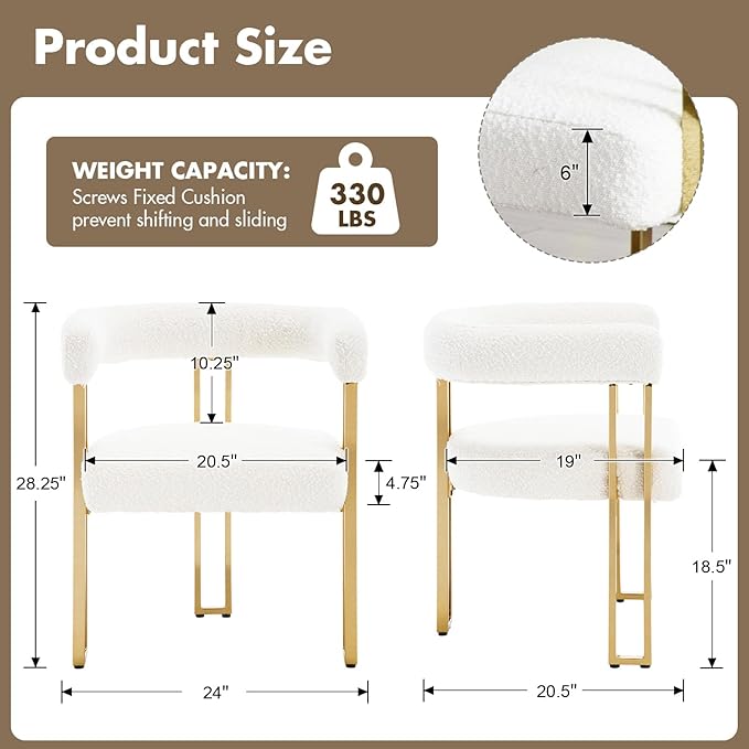 Set of 2 Modern White Boucle Dining Chairs with Gold Metal Legs, Mid Century Accent Upholstered Barrel Armchairs with Open-Back for Kitchen, Dining Room, Living Room, Apartment