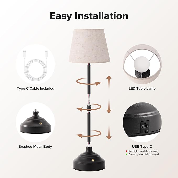 Cordless Table Lamp, Rechargeable Desk Lamp with Fabric Shade, Battery Operated Lamp 3 Color Stepless Dimming, Portable Small Touch Bedside Lamp Home Decor for Dining, Counter (Matte Black)