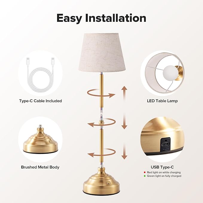 2 Pack Cordless Table Lamp, Rechargeable Desk Lamp with Fabric Shade, Battery Operated Lamp 3 Color Stepless Dimming, Small Touch Bedside Lamp Home Decor for Dining, Counter (Brushed Gold)