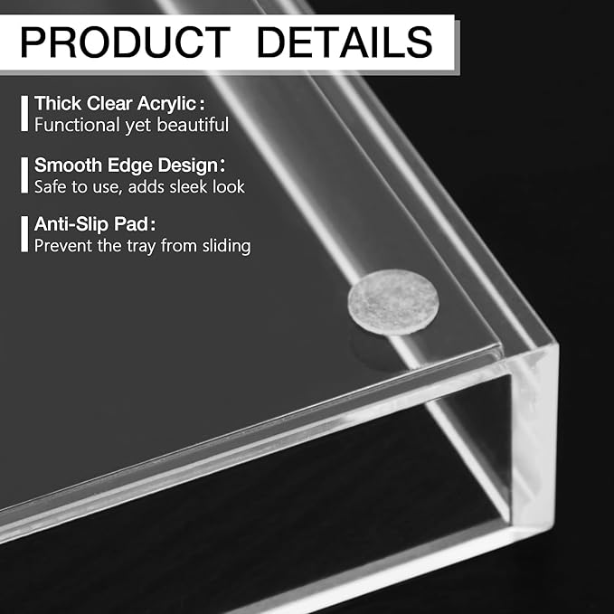 Clear Acrylic Tray 5mm Thicken for Vanity Makeup, Perfume, Jewelry Holder, Napkin, 12x6'' Decorative Serving Tray for Bathroom, Toilet Tank, Sink Countertop, Living Room,Dresser, Coffee Table,Wedding