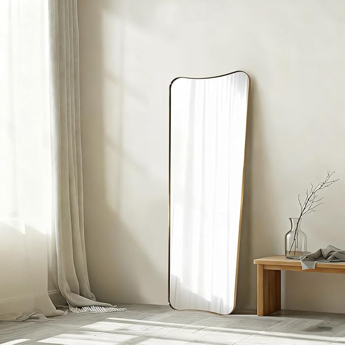 ANDY STAR 21" x 64" Full Length Mirror, Decorative Full Body Mirror with Stainless Steel Thin Frame, Italian Curved Edge Design, Wall Mountable or Leaning for Bedroom, Cloakroom, Brushed Gold