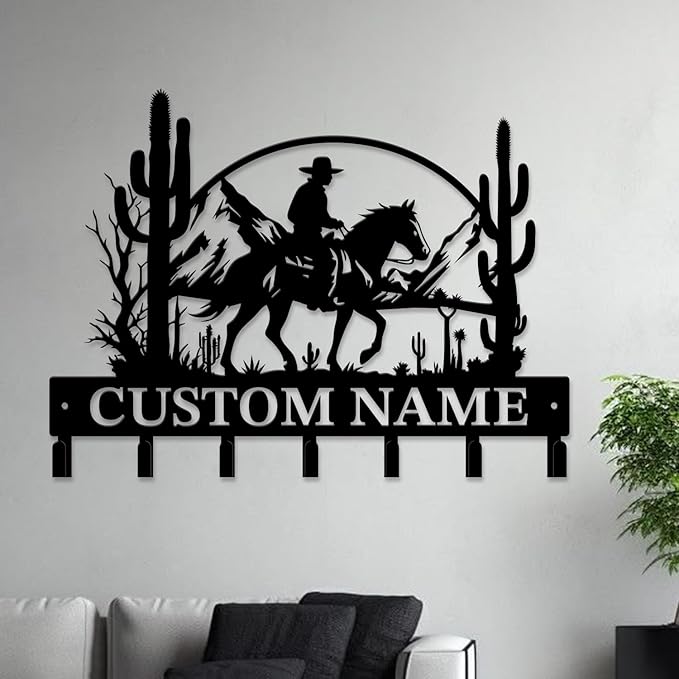 Custom Western Cowboy Metal Iron Key Hooks,Personalized Name & Text Engraving,Decor Wall Keys Holder for Home Entryway (Style B)