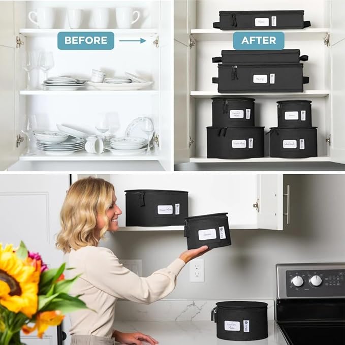 Hard Shell China Storage Containers 8-Piece Set Moving Boxes for Dinnerware, Glasses, Plates, Mugs and Saucers Sturdy Dish Organizer with Dividers for Seasonal Storage - Service for 12 - Black