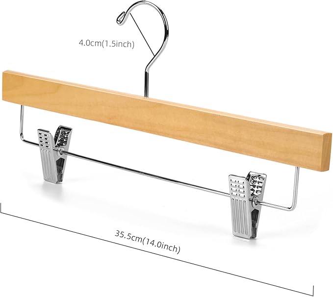 Nature Smile Deluxe Wooden Pants Hangers,Solid Lotus Wood Jeans Skirt Hanger with Clips Anti-Rust Hook Pack of 28（Natural）