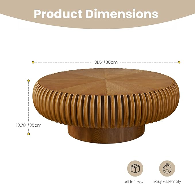 Round Fluted Coffee Table Modern Handcraft Drum Coffee Table with Sturdy Pedestal 31.5" Farmhouse Center Table Tea Table for Living Room, Reception Room, Entertainment Room (Brown 31.5")