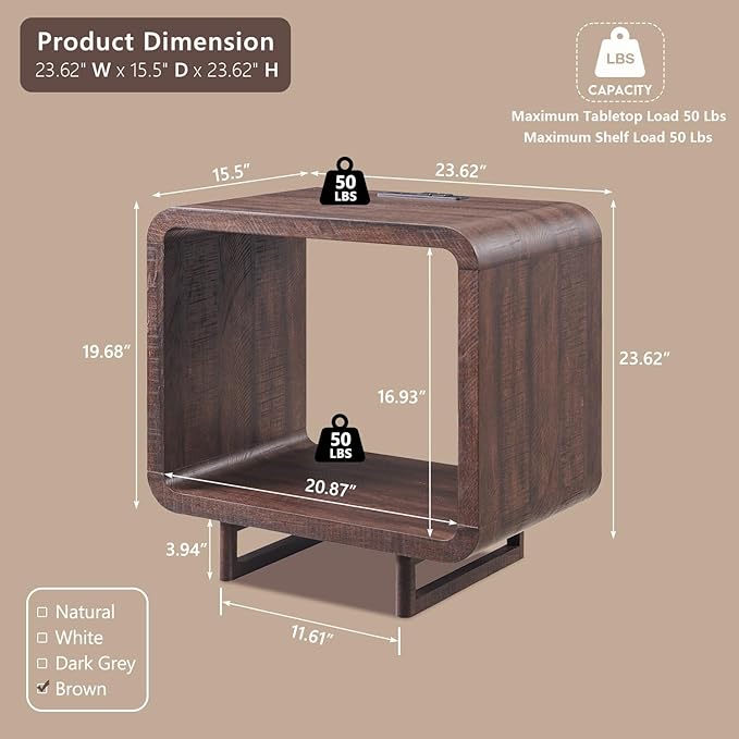 23.6" Modern End Table, 2 Tier Side Table with Charging Station, Simple Bedside Table with Open Storage Shelf, Outlet, Wooden Nightstand for Bedroom, Living Room, Study, Easy Assembly, Brown