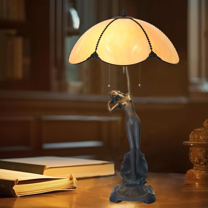 TL0033 Tiffany Style Table Lamp Stained Glass Umbrella Shade with Lady Sculpture Base W 15.75 X OH 27 Inches, Art Nouveau Lamp for Home Office, LED Bulbs Included