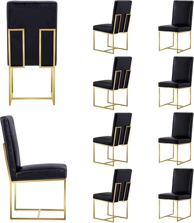 AUZ Dining Chairs, Black Faux Leather Upholstered Dining Room Chairs with Polished Gold Stainless Steel Sled Legs, Set of 10