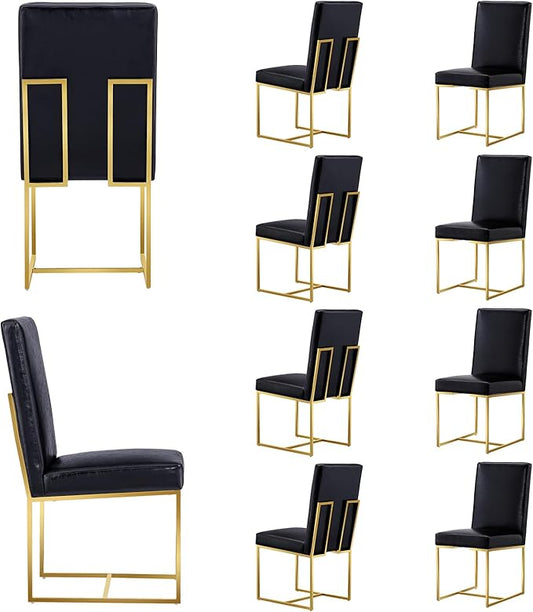 AUZ Dining Chairs, Black Faux Leather Upholstered Dining Room Chairs with Polished Gold Stainless Steel Sled Legs, Set of 10