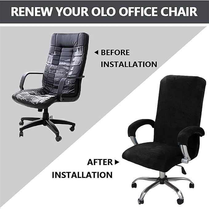 Velvet Plush Stretch Computer Office Chair Cover with Armrest, Chair Seat Cover for Office Chair for Pets & Kids, Removable Universal Desk Chair Covers for Swivel Rotating, Black, XL