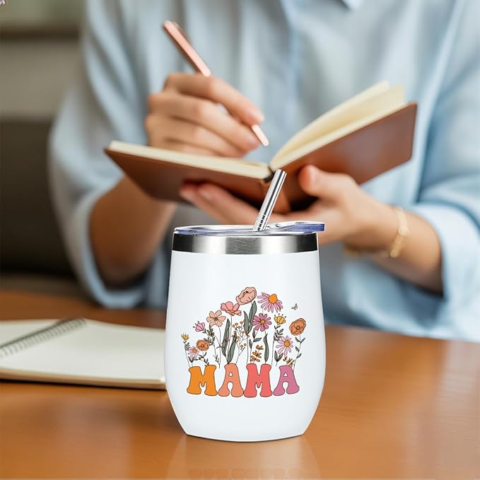 Mama Gifts Wine Tumbler 12 oz Insulated Wine Glass Cup with Lid Straw Vacuum Insulated Travel Cup,Mom Birthday Gifts from Daughter Husband, Gift for Women Mom Mommy Mother Christmas Halloween