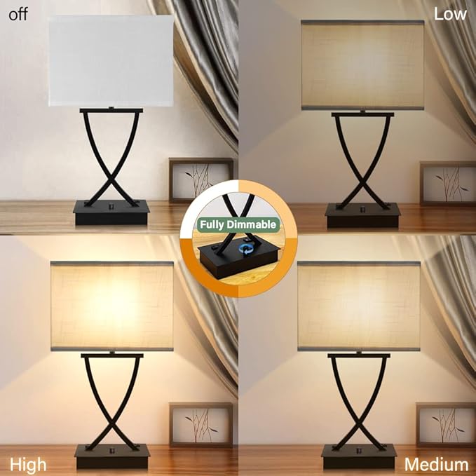 Fully Dimmable Medium Table Lamp for Bedroom with Type C/USB Charging Port and 1 AC Outlet White Shade 21.38" Bedside Nightstand Lamp for Bedroom Living Room Office and Hotel Bulb Included