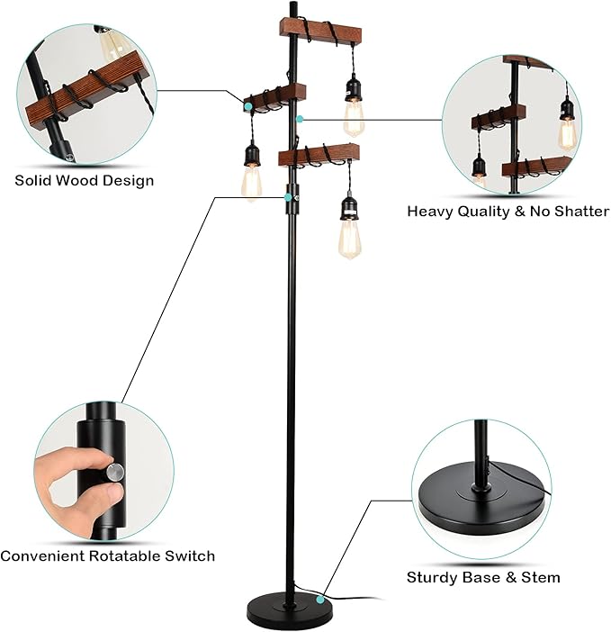 Airposta Industrial Floor Lamp, Farmhouse Tree 68 Inch 3 Lights Wood Standing Lamp, Sturdy Base Tall Vintage Metal Black Pole Light for Living Room Bedroom Office Rustic Home
