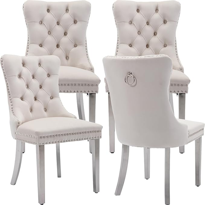Luxury Upholstered Dining Chairs Set of 4, Beige Kitchen Chair with Silver Metal Legs, Velvet Tufted Back Dining Chair, Sillas de Comedor, Modern Kitchen & Dining Room Chairs (Beige, 4 Pcs)