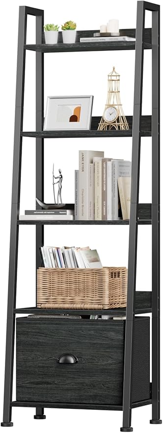 Furologee Ladder Shelf, Book Shelf with Drawer, 5 Tier Bookshelf, Industrial Display Open Bookcase Storage Shelves for Books, CDs, Photos, Black Shelving Unit for Home Office, Living Room