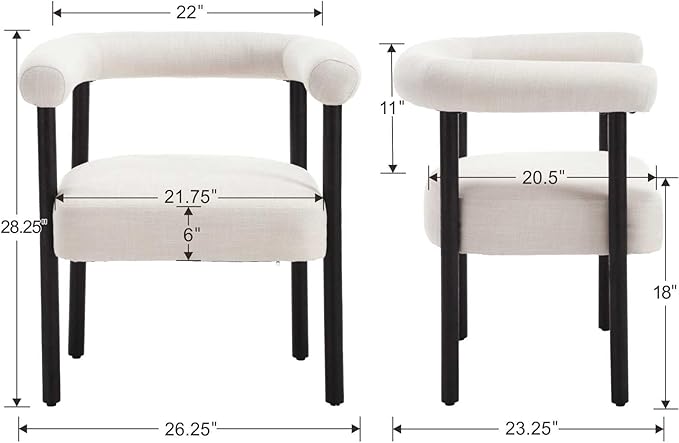 Mid-Century Modern Dining Chairs Set of 2, Armrest Barrel Dining Chairs Side Accent Chairs with Curved Back, Upholstered Wood Armchairs for Kitchen, Linen Beige