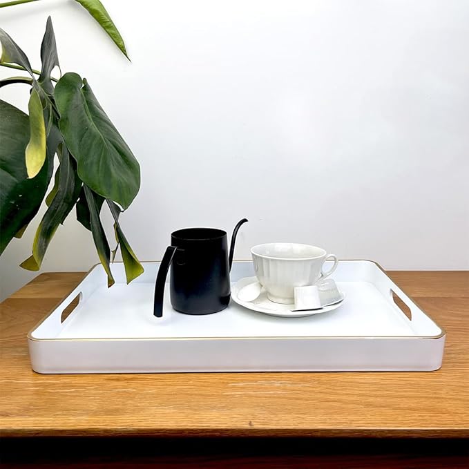 White Decorative Tray, Rectangular Serving Trays with Handles,Ottoman, Coffee Table Tray for Living Room, Bathroom, Home Decor 15.7” x 10.2”