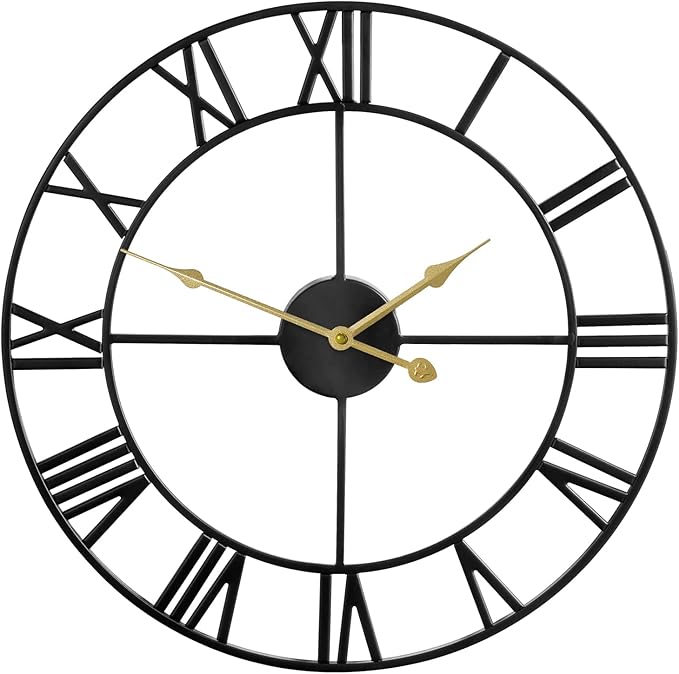 1st owned Large Wall Clock, Metal Retro Roman Numeral Clock, Modern Round Silent Wall Clocks, Easy to Read for Living Room/Home/Kitchen/Bedroom/Office/School Decor (Black, 18.5 Inch)