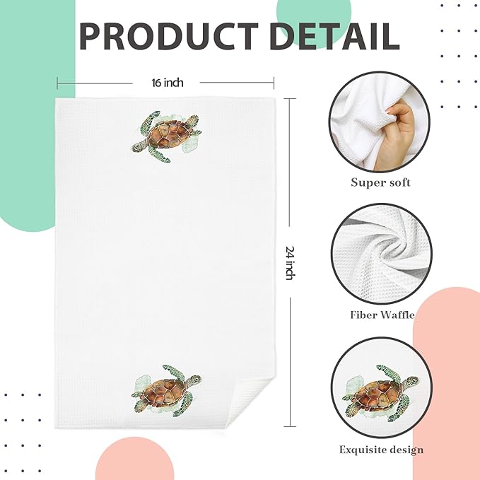 Sea Turtle Bathroom Hand Towels, Turtle Bathroom Decor, Coastal Beach Kitchen Towels, Nautical Coastal Dish Tea Towel for Kitchen, 16x24 Inch Set of 2