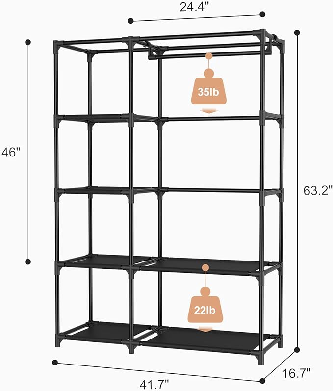 Portable Closets for Hanging Clothes, Wardrobe Closet with Hanging Rod and Clothing Storage Shelves, 8 Side Pockets, Free Standing Clothes Rack with Cover, for Bedroom and Dorm, Black