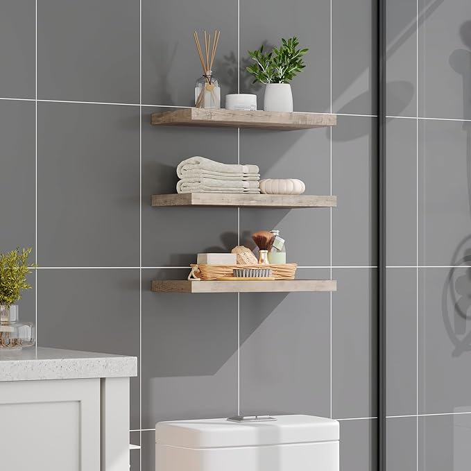 Floating Shelves for Wall, 1.5" Thick Wall Shelf Set of 3 with Invisible Brackets, 15.7L x 7.9W Hanging Book Shelves Farmhouse Home Decor for Bathroom, Living Room, Bedroom, Greige 4301BJP3BG