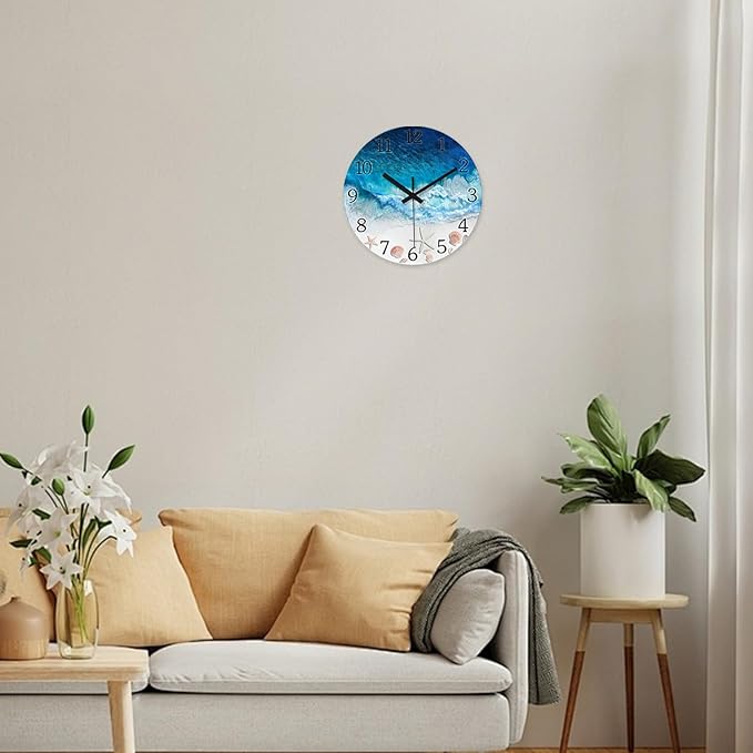 XNM Beach Small Wall Clocks Battery Operated 12 Inch Blue Round Costal Wall Clock for Kitchen Quiet Wall Clock Modern