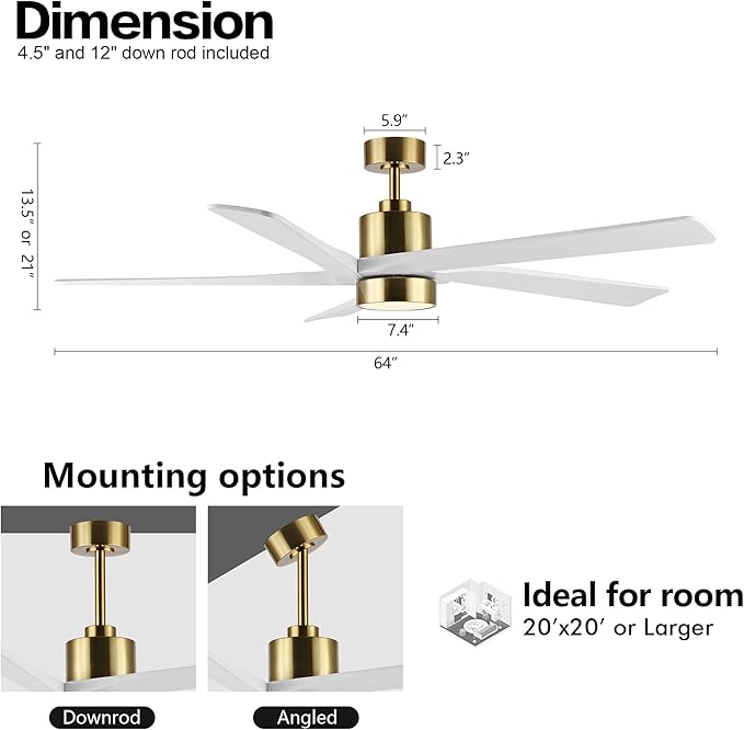 WINGBO 64 Inch DC Ceiling Fan with Lights and Remote Control, 5 Reversible Carved Wood Blades, 6-Speed Noiseless DC Motor, Modern Ceiling Fan in Brass Finish with White Blades, ETL Listed