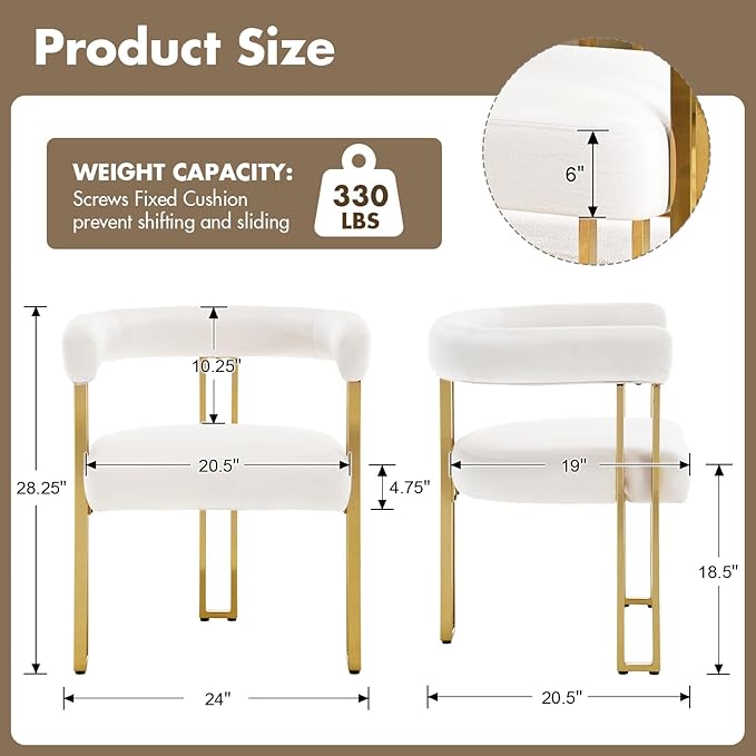 Beige and Gold Modern Dining Chairs Set of 6, Velvet Upholstered Barrel Armchairs with Metal Legs for Kitchen Island, Mid Century Accent Chairs for Dining Room Living Room, Open-Back