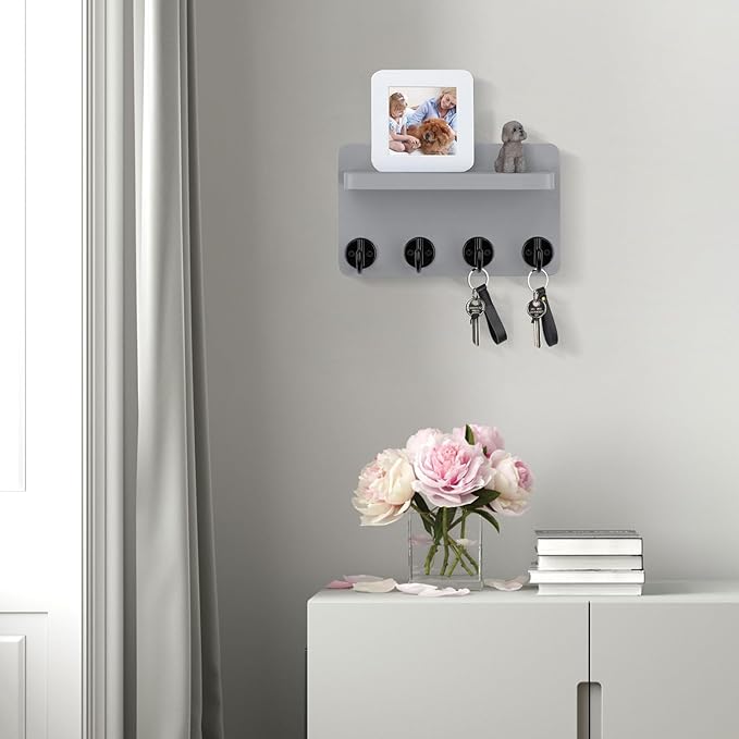 Nekon Key Holder Wall Mount, 8.5 Inch Small Home Decor Wooden Wall Organizer with 4 Hooks and Shelf, Wall Decor for Living Room Entryway Kitchen (Gray)
