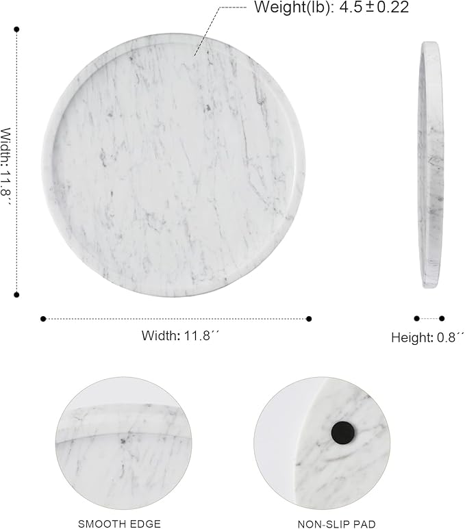 Natural Marble Serving Tray, 11.8in Round, Carrara Marble, Bathroom/Kitchen/Coffee Table Tray for Counter, Decorative Vanity for Catchall, Fruit and Snack
