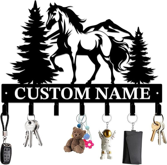 Personalized Custom Name Farm Horse Wall Key Hooks,Metal Horse Art Clothes Hooks,Metal Horse Wall Home Storage Decorative,For Front Door, Hallway, Kitchen, Bedroom,Keys,Hats (Style K)