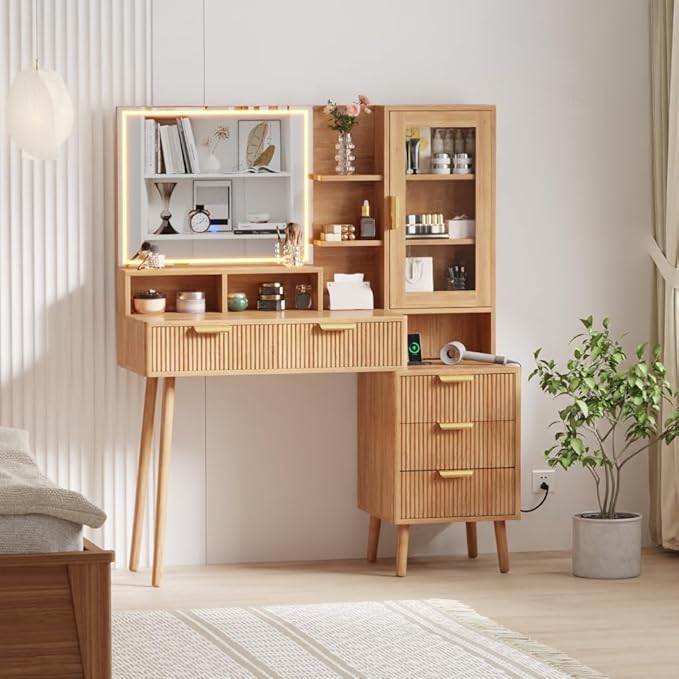 Fluted Vanity Desk with LED Lights Mirror & Power Outlet,Modern Glass Top Elegant Vanity Desk with 5 Drawers and Storage Shelf,Dressing Table for Bedroom Girls Women