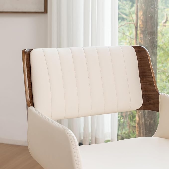 LUNLING Swivel Accent Faux Leather Dining Chairs, Mid Century Modern Chairs with Wooden Legs/Armrest/Upholstered Seat/Adjustable Foots for Kitchen Dining Room Desk Chairs,Beige,1PCS