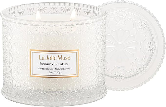 LA JOLIE MUSE Jasmin du Lotus Candle - Ivy, Jasmine, Cedarwood | 12 oz Large 2-Wick Soy Wax Candle | 60 Hours Clean Burn | Floral Scented Candle | Gift-Ready for Hosts & Gatherings