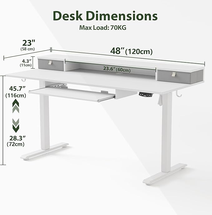 Agilestic Electric Standing Desk with 2 Drawers and Keyboard Tray, 48 x 23 Inches Ergonomic Adjustable Height Desk with Storage, Sit Stand Computer Workstation, White