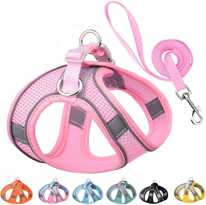 Xs Dog Harness and Leash Set, No-Pull Puppy Harness for Outdoor Walking, Breathable Mesh Reflective Cats Vest for XXS Xs Small Medium Breed Pet Dogs, Pink XS