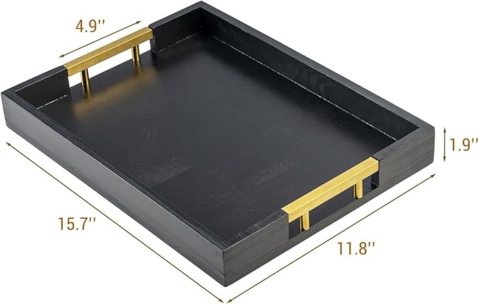 MyGift 15.5 Inch Decorative Ottoman Tray, Designer Vintage Black Solid Wood Serving Platter with Gold Tone Metal Handles, Coffee Table Kitchen Home Decor