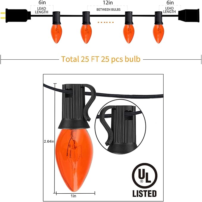 SUNSGNE C7 Orange Halloween Lights, 25Ft Outdoor String Lights with 27 Clear Orange Bulbs(2 Spare), Vintage Christmas Lights for Patio, Cafe, Party, Holiday, Christmas Decor- Black Wire