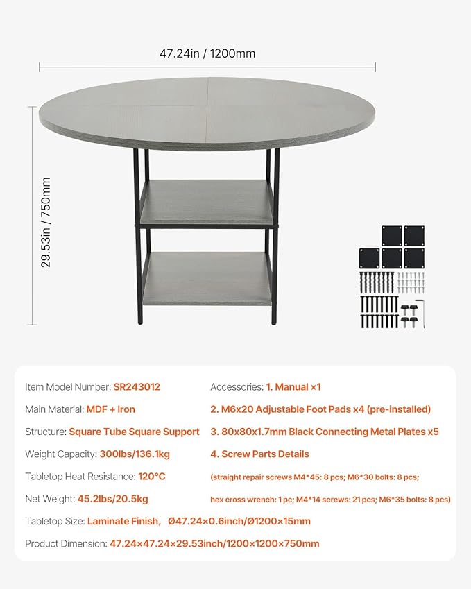 VEVOR Round Dining Table, 47 inch Wood Table for 4-6 Person, Modern Circle Dinner Furniture, Leisure Tables with Storage Shelf and Metal Legs, for Home Kitchen Living Room, Grey (Only Table)