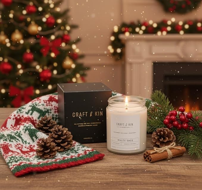 Craft & Kin White Sage Christmas Scented Candles for Cleansing | 8 Oz 45 Hour Long Lasting Holiday Candle | Classic Soy Woodwick Winter Candles | Made with Natural Soy | Gifts for Men and Women